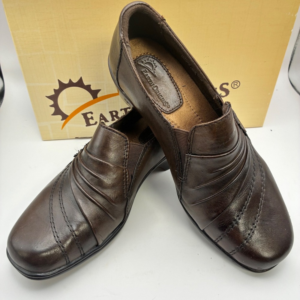 Earth Origins Archer Bark Brown Leather Pleated Wedge Loafers Womens 8.5 M